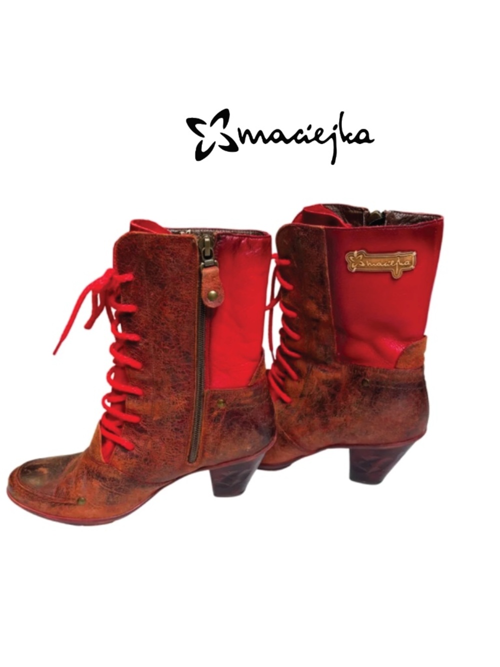 Distressed Red Leather Lace-Up Boot
